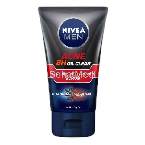 Nivea Men Acne 8 Hours Oil Clear Acne Defense+Purify Charcoal Scrub, Charcoal+Salicylic, No Skin Dry Out, 100ml