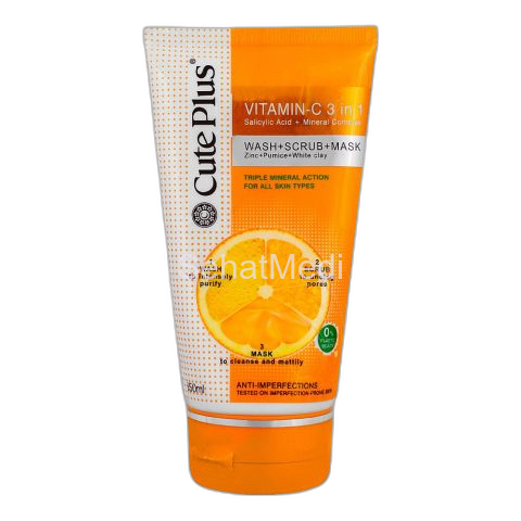 Cute Plus Vitamin-C 3in1 Wash+Scrub+Mask, Salicylic Acid + Mineral Complex, For All Skin Types, 150ml