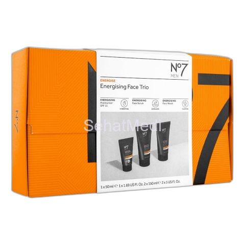 Boots No 7 Men Energising Face Trio Set, Moisturiser SPF15 + Face Scrub + Face Wash