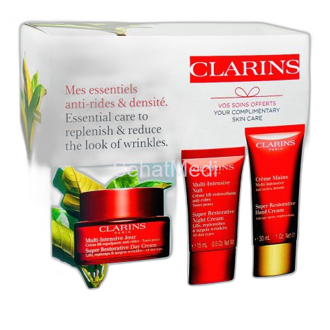 Clarins Paris Multi Intensive Super Restorative Hand Cream 30ml+Face Day Cream 50ml & Night Cream 15ml, 3-Pack