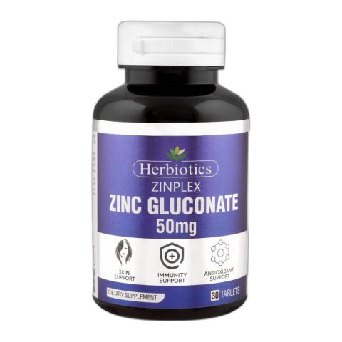 Herbiotics ZinPlex Zinc Gluconate, Skin, Immunity & Antioxidant Support, 50mg Dietary Supplement, 30-Pack