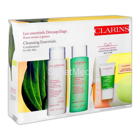 Clarins Paris Cleansing Milk 200ml+Toning Lotion 200ml+Scrub 15ml+Beauty Purse, For Combination & Oily Skin, 4-Pack