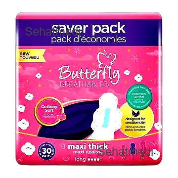 Butterfly Breathables Maxi Thick Cottony Sanitary Pads Long Trio Pack 30Pcs