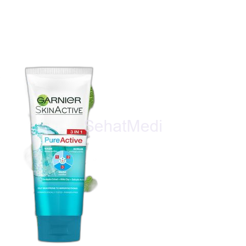 Garnier Skin Active Pure Active 3-in-1 Wash + Scrub +Mask, For Oily Skin, 100ml - Dissolve Dirt and Impurities